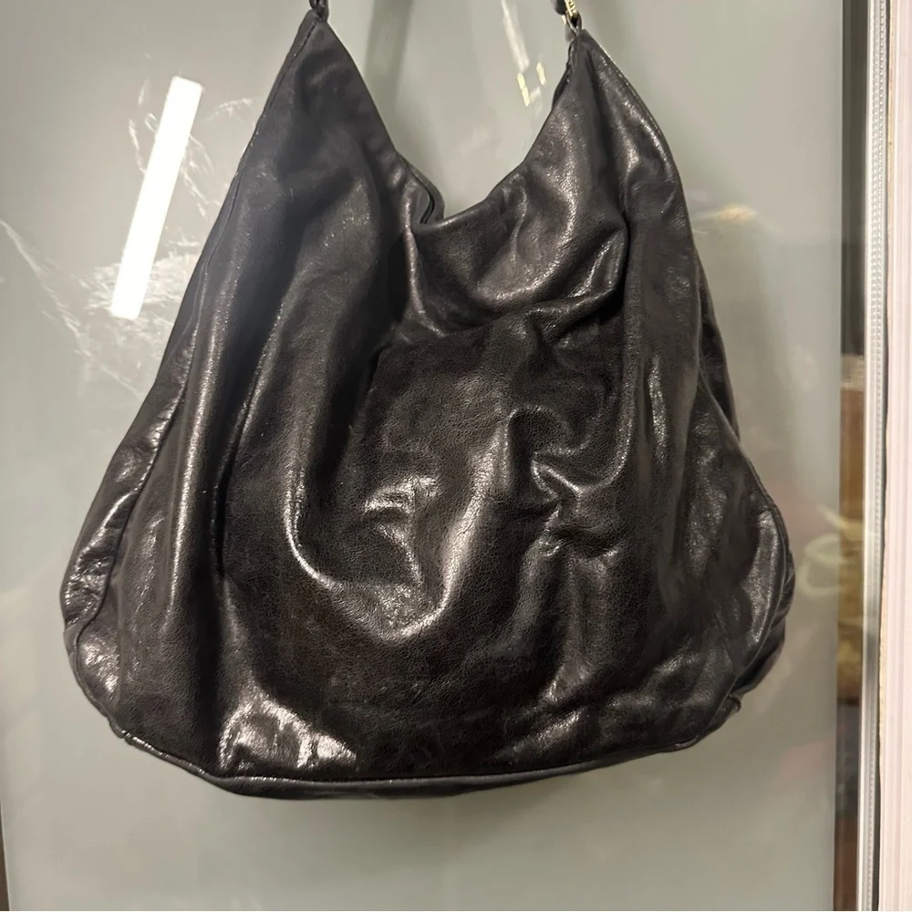 TORY BURCH Dena Black Glazed Distressed Leather Hobo Shoulder Bag